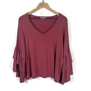 BLACK SWAN Tulip Ruffled Sleeves V-neck Oversized Top Shirt Pink/Red Size M Date